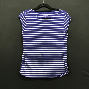 Liz Claiborne Top Women's Size M Short Sleeve Blue White Striped Boat Neck
